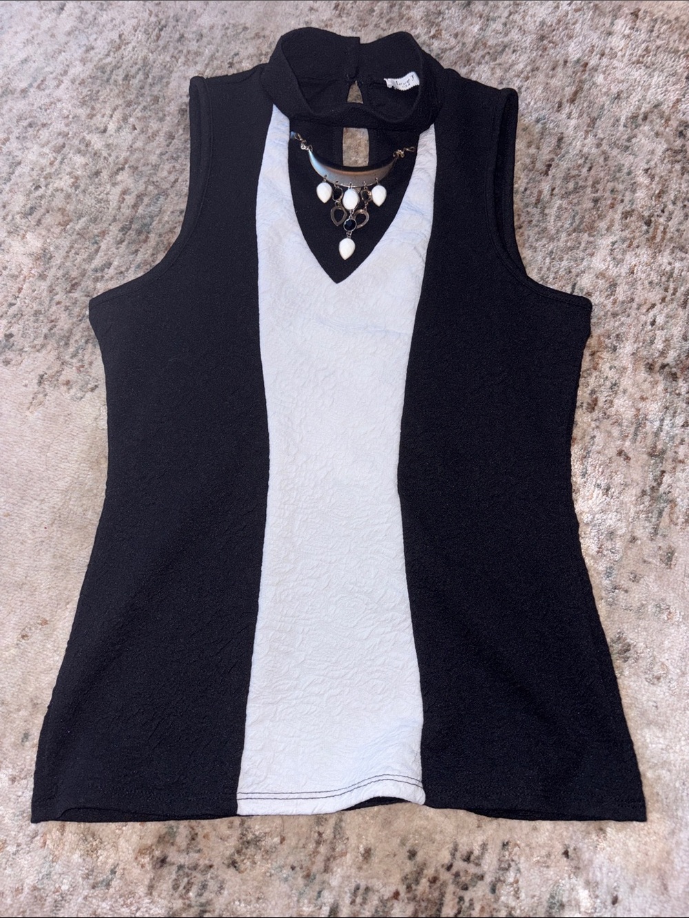 Love J Black and White Colorblock Mock Neck Tank with necklace add on
